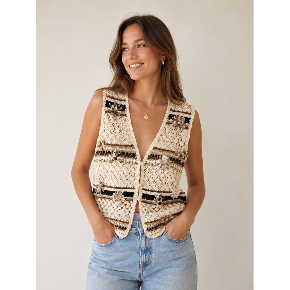 Tag Vintage Crochet Floral Ribbon Vest Cream Brown Boho Cottagecore Large